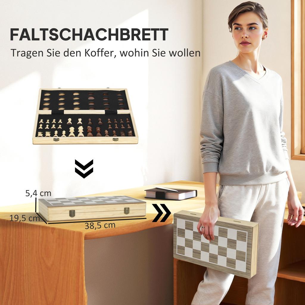 15 Inch Chess Set, Foldable Chess and Draughts Set, Brown