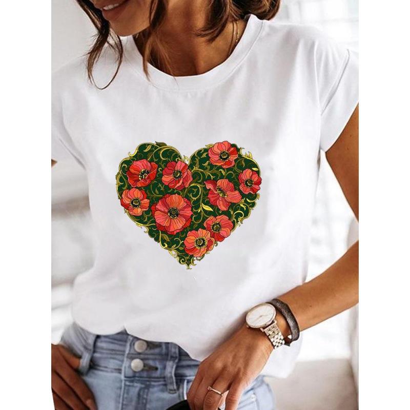 Spring Summer Women's Clothing Love Flower Plant Printed Casual Simple Trendy Top Round Neck Pure Cotton Short Sleeved T-Shirts Women’s
