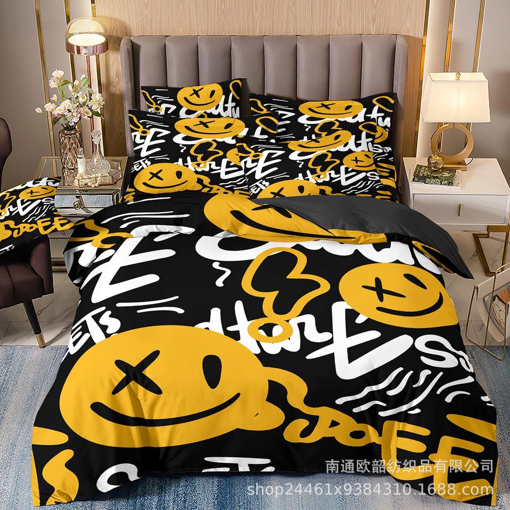 Heiß verkaufte 3D Digitaldruck Hip-Hop Graffiti Smiley Gesicht Bettwäsche Kissenbezug Bettbezug Dreiteiliges Set