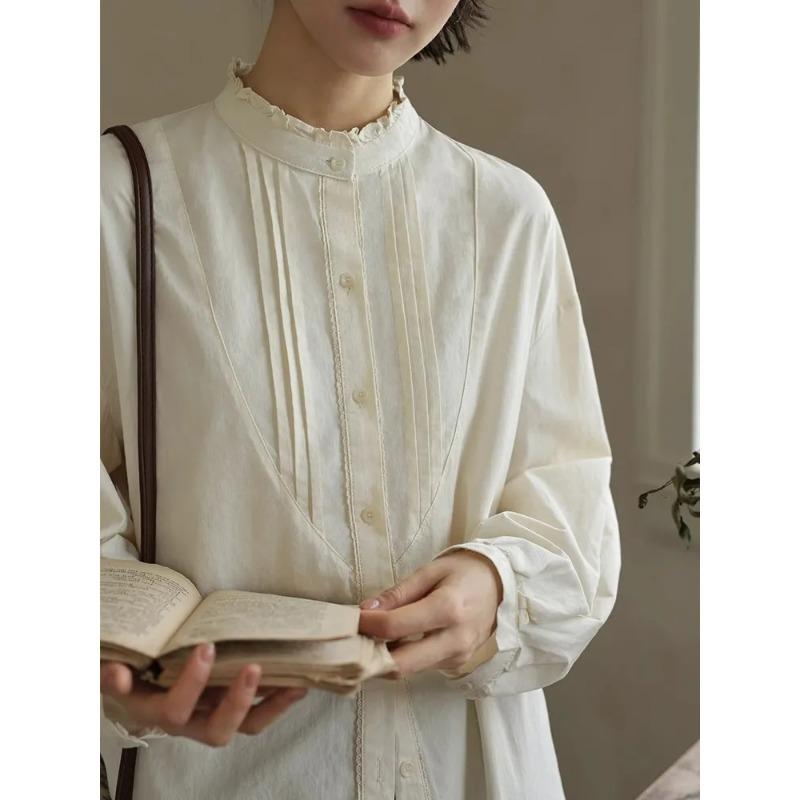 Artistic Lace Stand-up Collar Long-sleeved Brushed Shirt for Women Autumn and Winter Layered Inner Top Design Cardigan