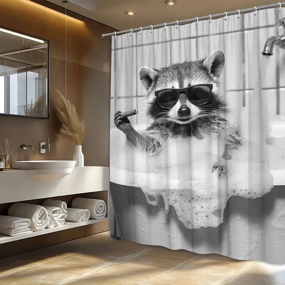 

1pc Playful Raccoon in Soapy Bathtub Shower Curtain with Oversized Glasses & Cigar - Funny Polyester Bathroom Decor, 70x70 Inche W90xH180cm