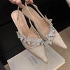 French light luxury rhinestone slim low heels 2025 autumn new soft leather pointed stilettos temperament bag head sandals women