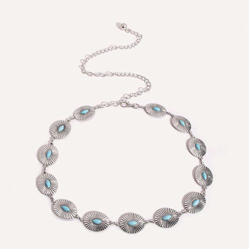 Ladies Turquoise Geometric Vintage Metal Waist Chain With Eye Design For Stylish Women