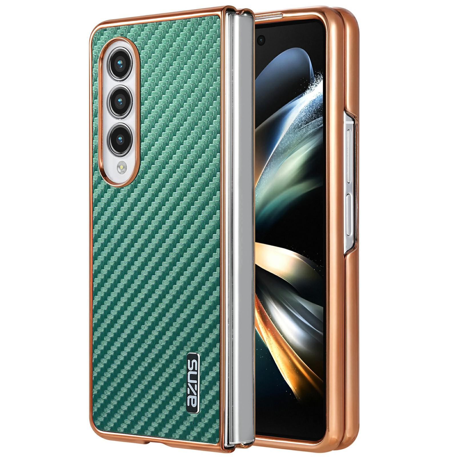 

For Samsung Galaxy Z Fold4 5G Case Electroplating Carbon Fiber Texture PU+TPU Phone Cover Green