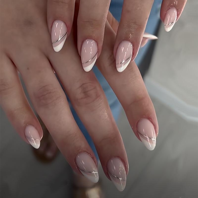 Gold Line Medium Long Luxury Manicure Nail Tips Set - 24 Pieces False Nails