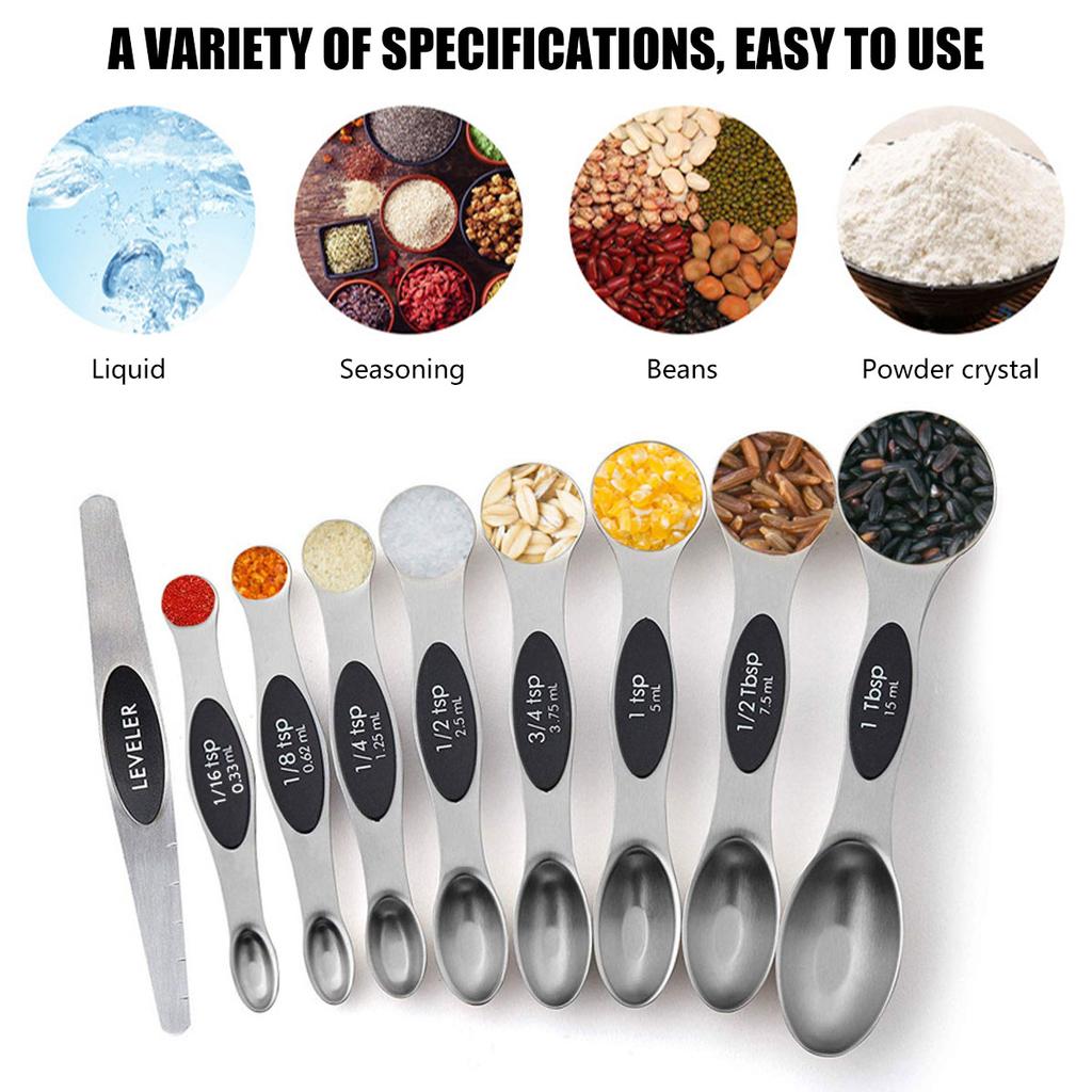 9Pcs Magnetic Measuring Spoon Set Stainless Steel Measuring Spoons Stackable Double-sided Teaspoons Metal Accurate Measuring
