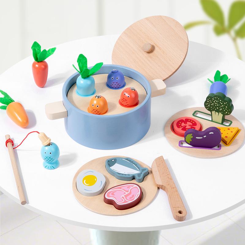 Wooden Children's Radish Pull Table Game Shape Pairing Checker Simulation Kitchen Pot Play House Toy