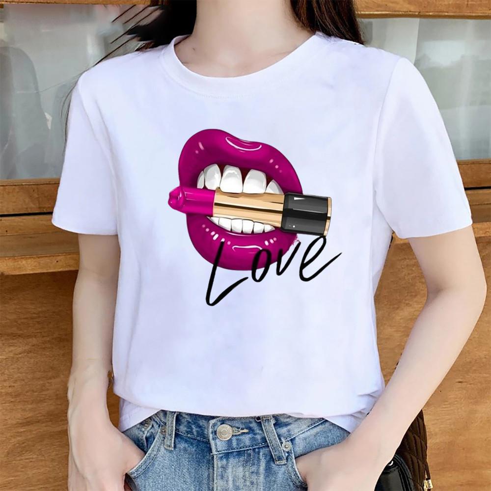 Summer Sexy Lip Print Short Sleeve Tshirt Womens Fashion Graphic Top High Street Slim Fit Modal Fabric