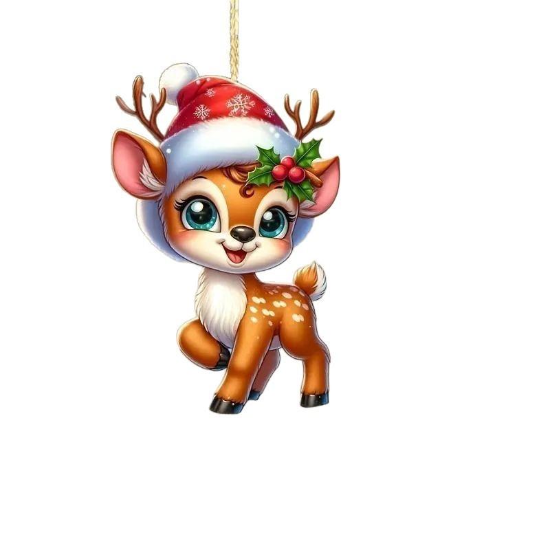 Christmas Acrylic Car Ornament With Deer Tree Motif Rearview Decoration Mirror
