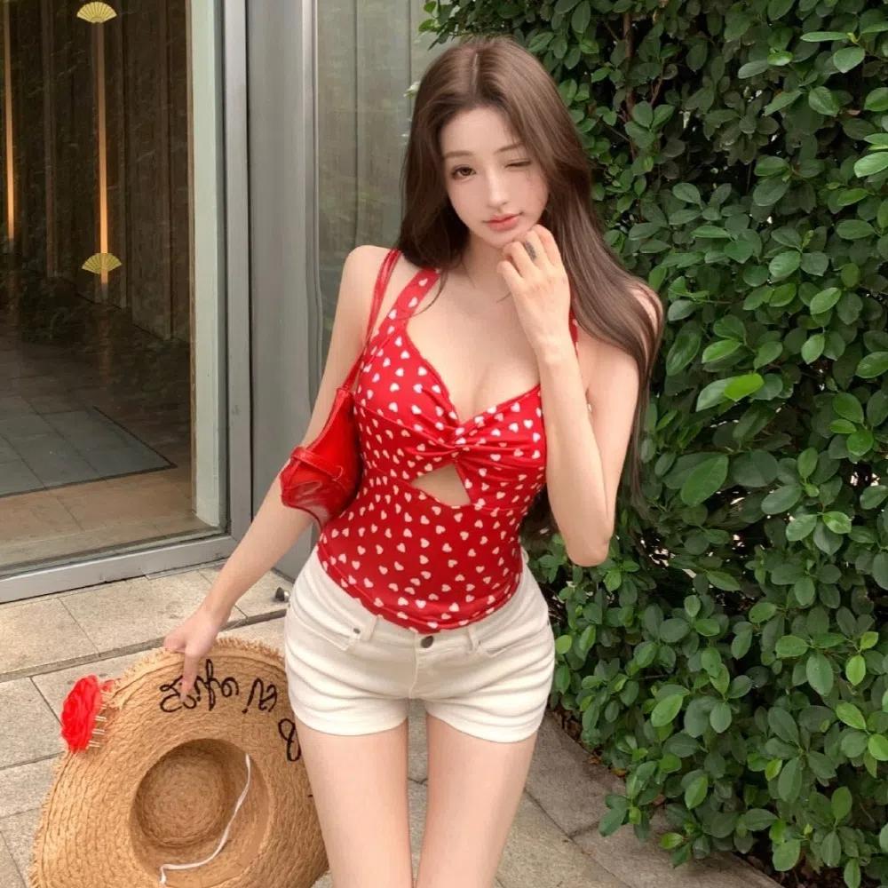 Love Heart Halter Vest Top Korean Style Women Camisole Sweet Sleeveless Crop Top Streetwear