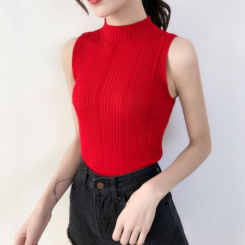 

Водолазка Широкий В рубчик Вязаный Жилет Женский Летний Гонконгский Стиль Ретро Шик Топ без рукавов Базовый слой L красный