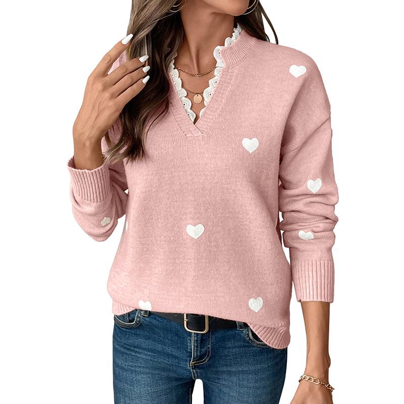 Love Print Russian Knit Sweater with Lace Trim - Autumn/Winter Stand Collar Valentine's Day Pullover