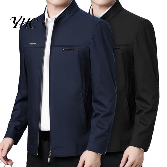 Solid Color Men Coat Spring Fall Stand Collar Mid-aged Father Jacket Long Cardigan Sleeve Smooth Zipper Closure Warm Business Style Pockets Winter