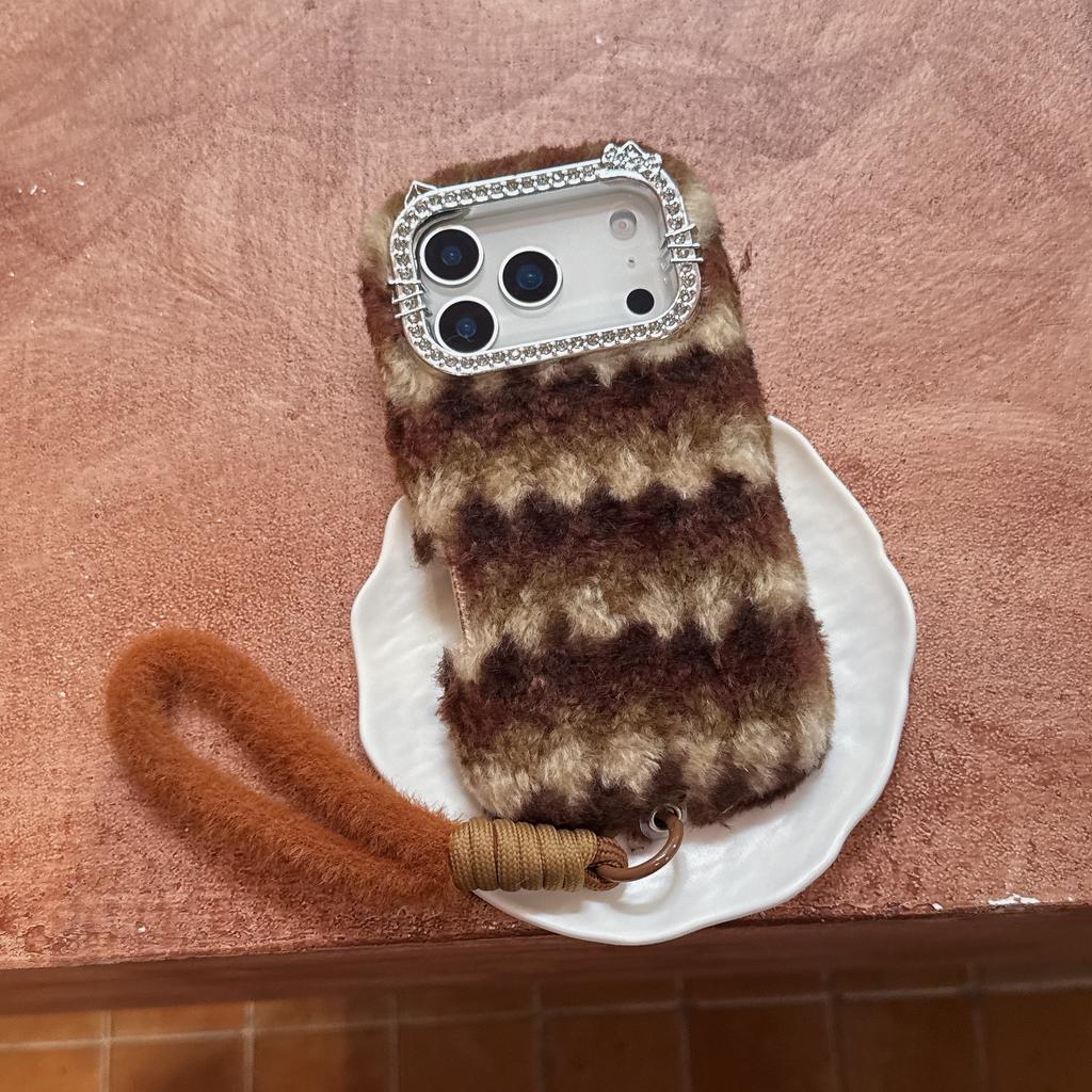 For iPhone 17 Pro Case Rhinestone Frame Striped Plush TPU PC Phone Cover with Strap