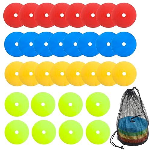 East Leaf Flat Markers, Marker Cones, Flat Cones for Soccer and Futsal, 4 Colors, Set of 32, Stands and Storage Bag Included