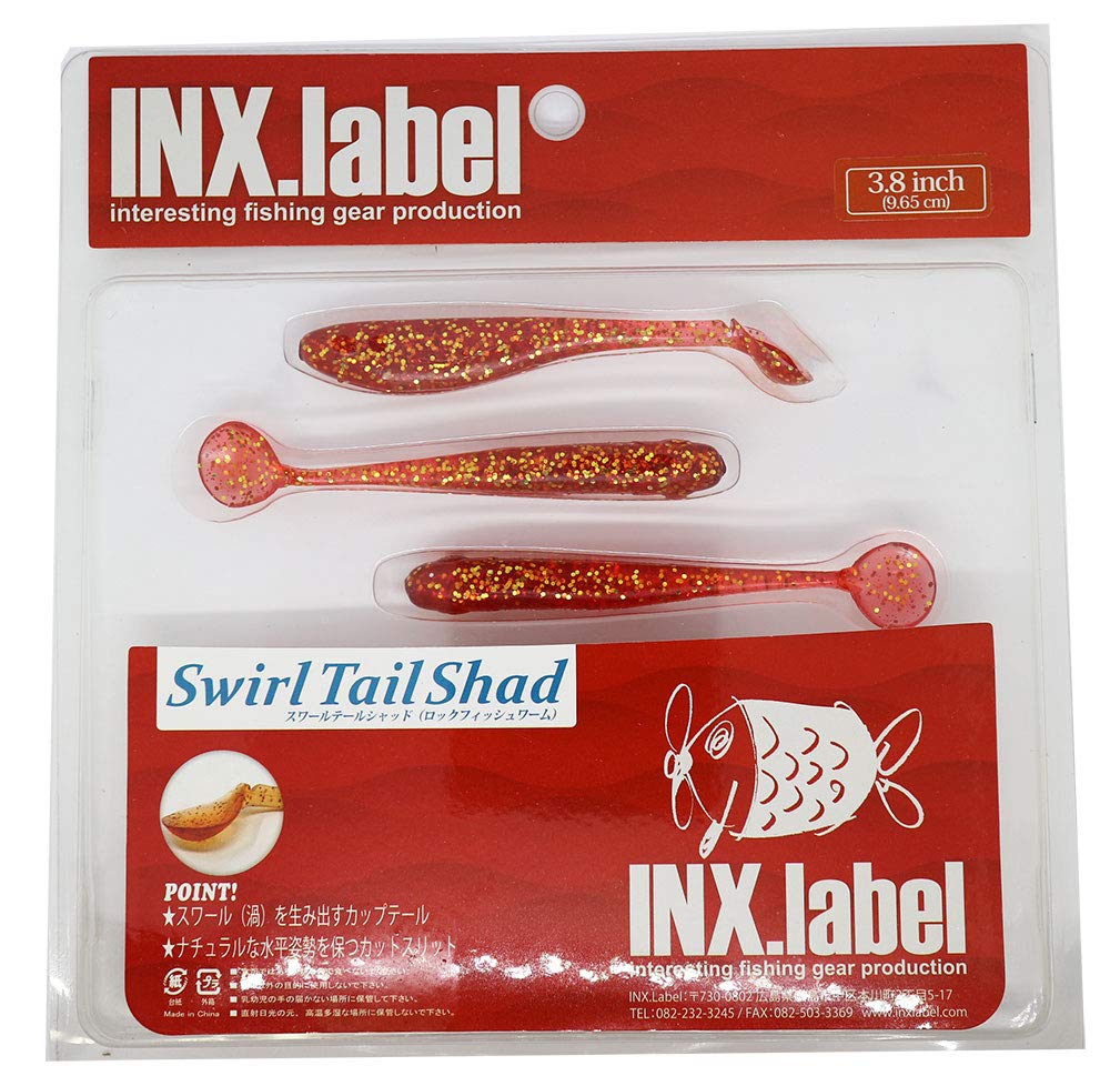 INX LABEL Swirl Tail Shad Worm inch Clear 3.8 #04 Red/Gold