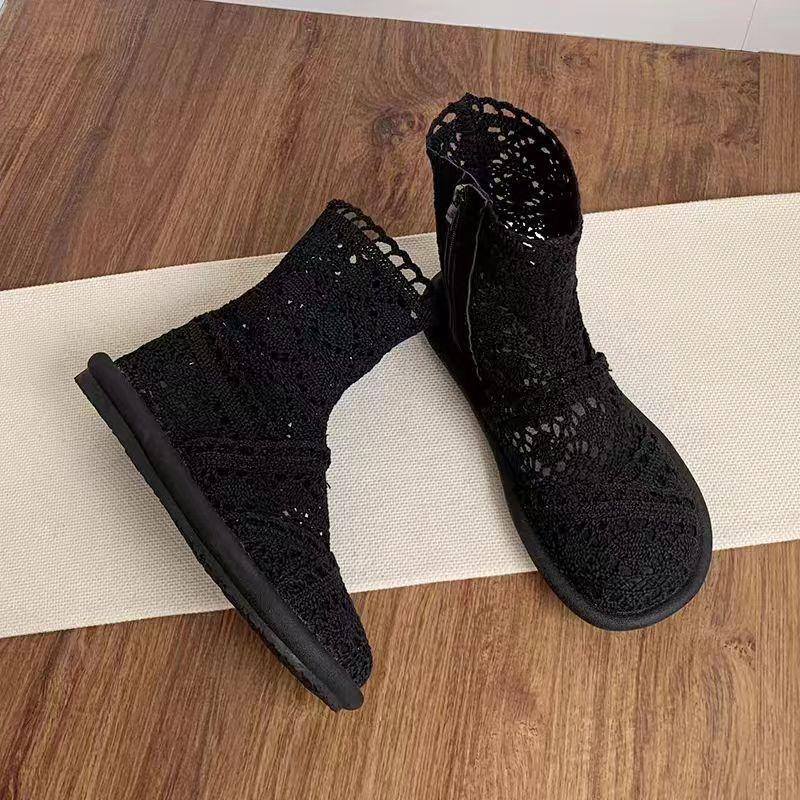 2026 Woman Ankle Cool Boots Women's Knitted Cotton Hemp Hollow Mesh Sandals Ladies Comfortable Flat Bottom Soft Soled Shoes