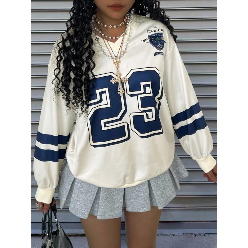 Womens Oversized Long Sleeve V-Neck Sweatshirt With Contrast Letter Print Casual Fall Top