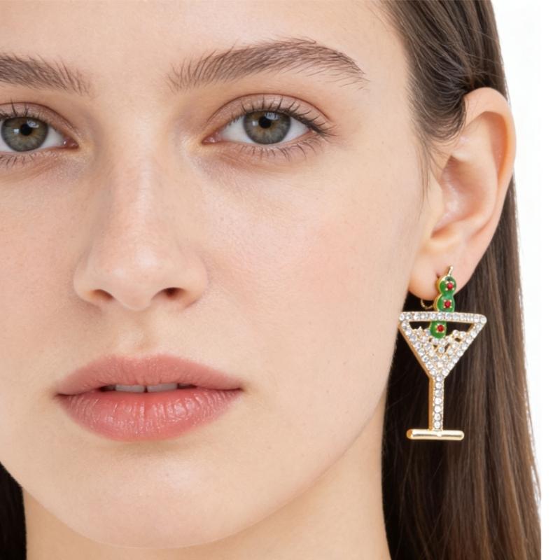 Clovers Earrings Featuring Diamonds Studs and Wine Glass Designs for Festive Luck Celebration Geometric Art
