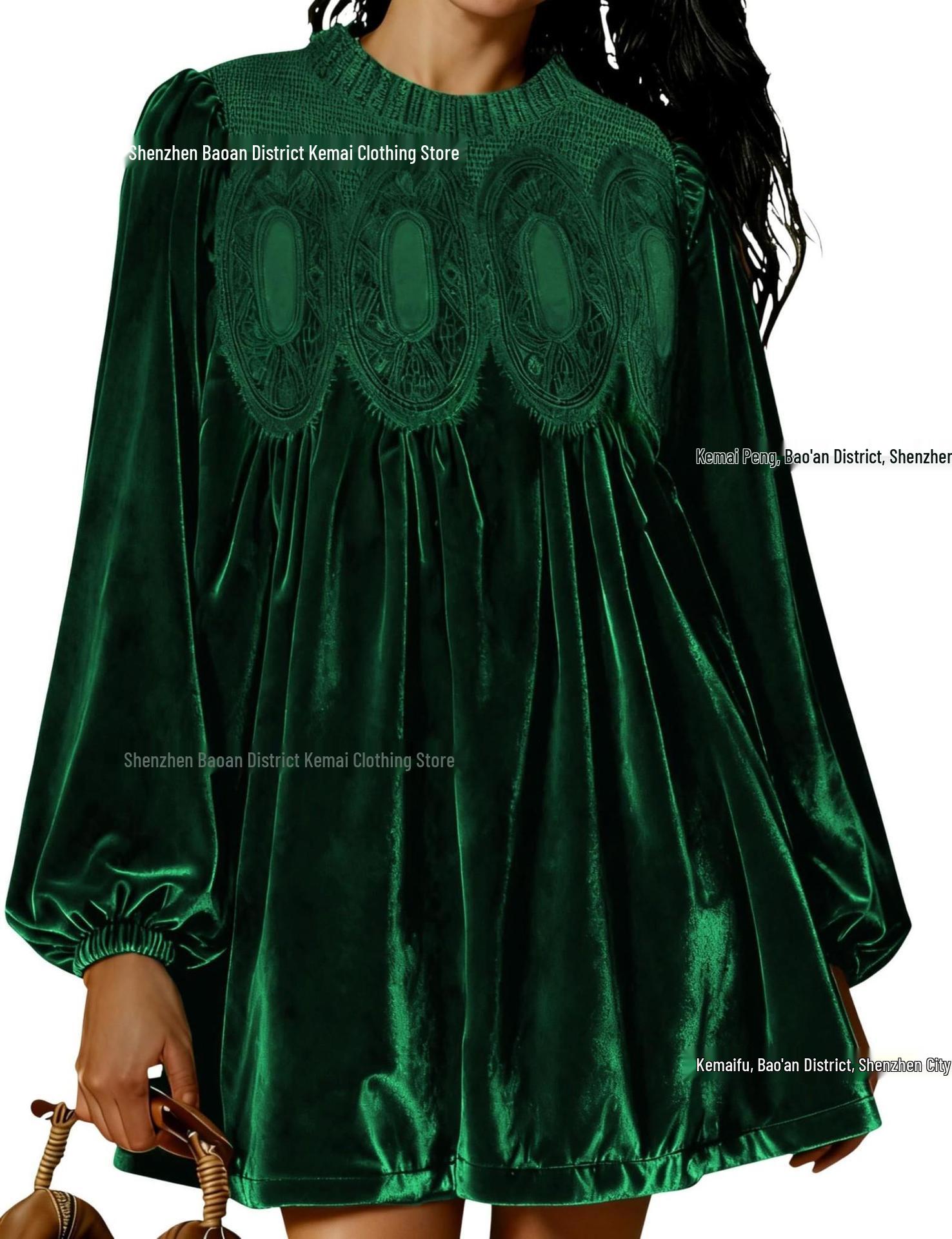 Elegant Silk Velvet Lace Ruffle Collar Long Sleeve Dress for Women M зелёный