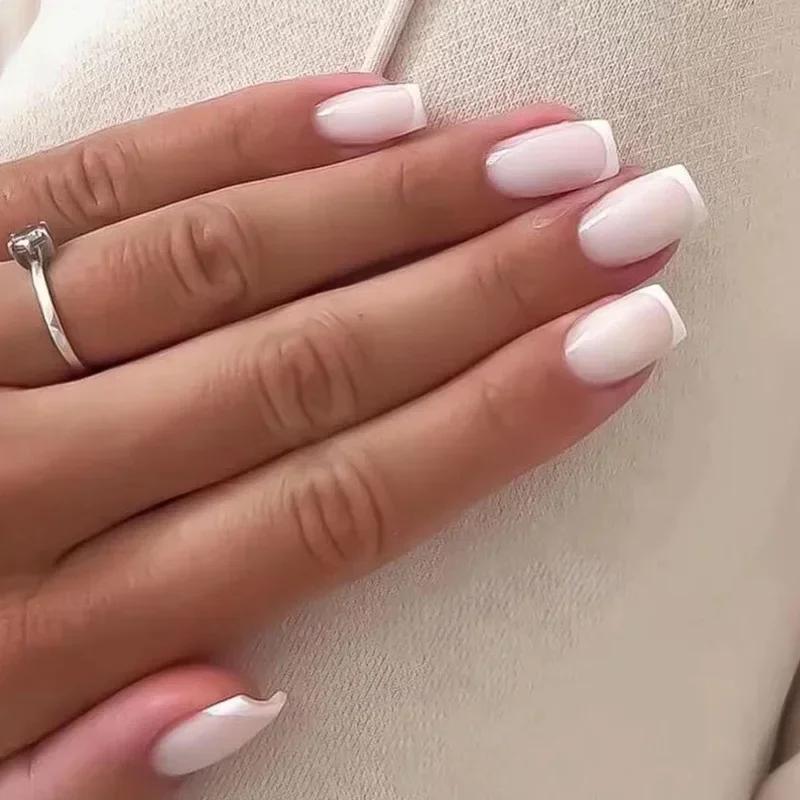 24Pcs Nude White French Fake Nail Short Square Nail Tips Fashion Wearable False Nails with Glue Simple Full Cover Press on Nails
