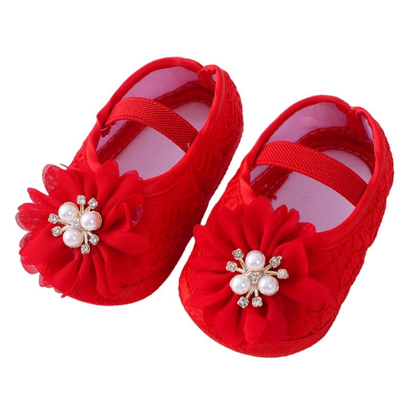 

Обувь для первых ходунков для младенцев, нескользящая обувь принцессы на плоской подошве с цветочным жемчугом и украшением 12