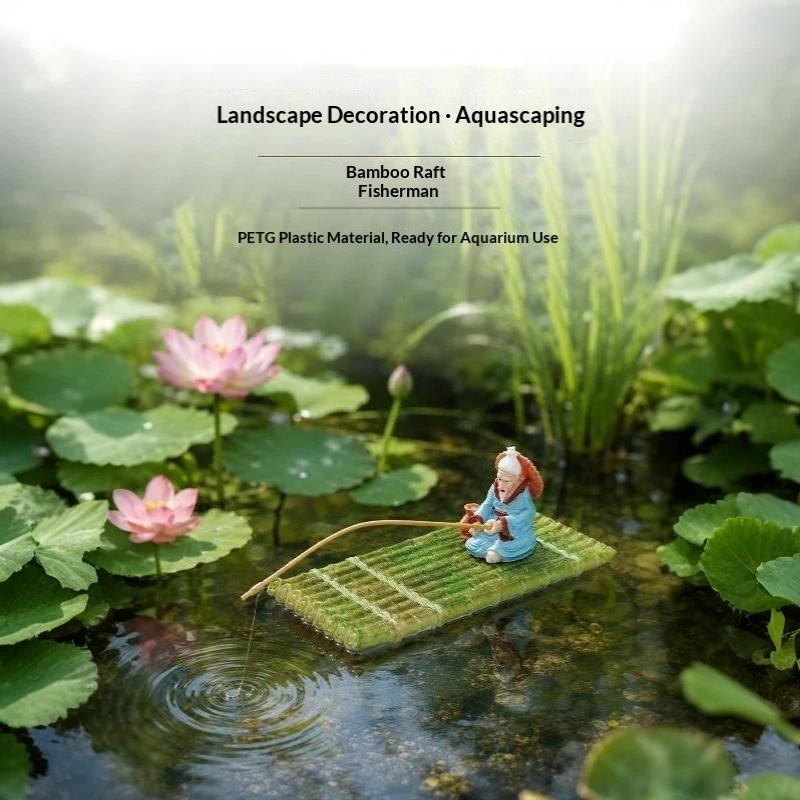 1 Set Feeding Platform Floating Bamboo Raft Fishing Ornament For Miniature Landscape Decoration Garden Statue Outdoor Decor