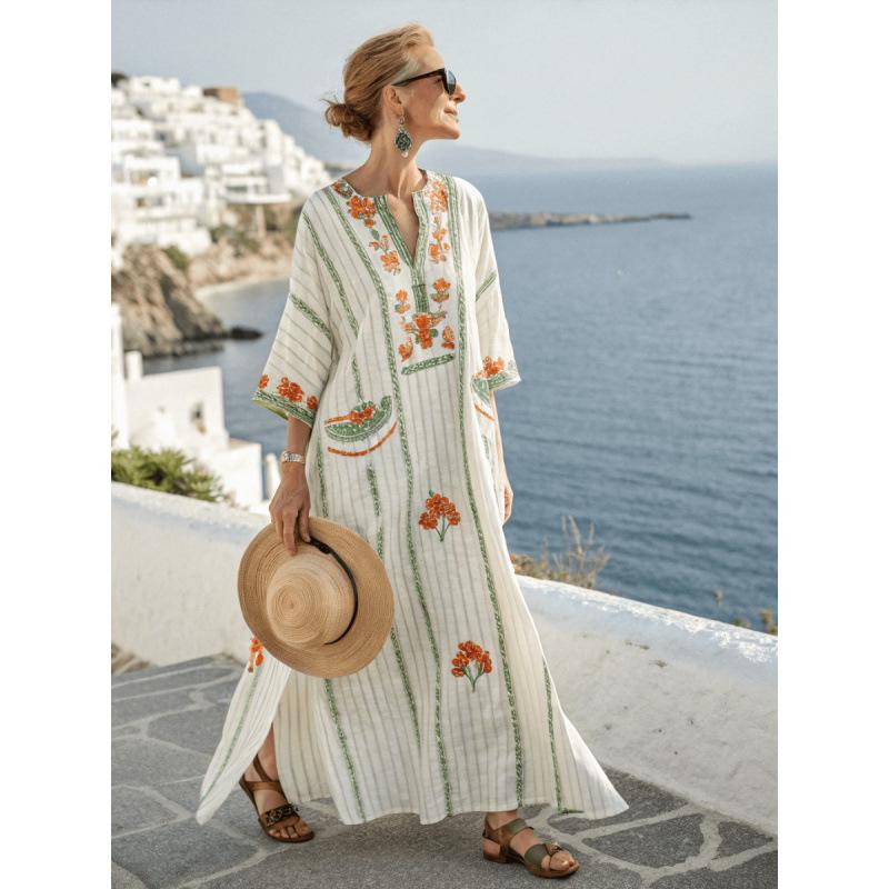 3D digital printing V-neck five-quarter sleeve long pocket Kaftan dress