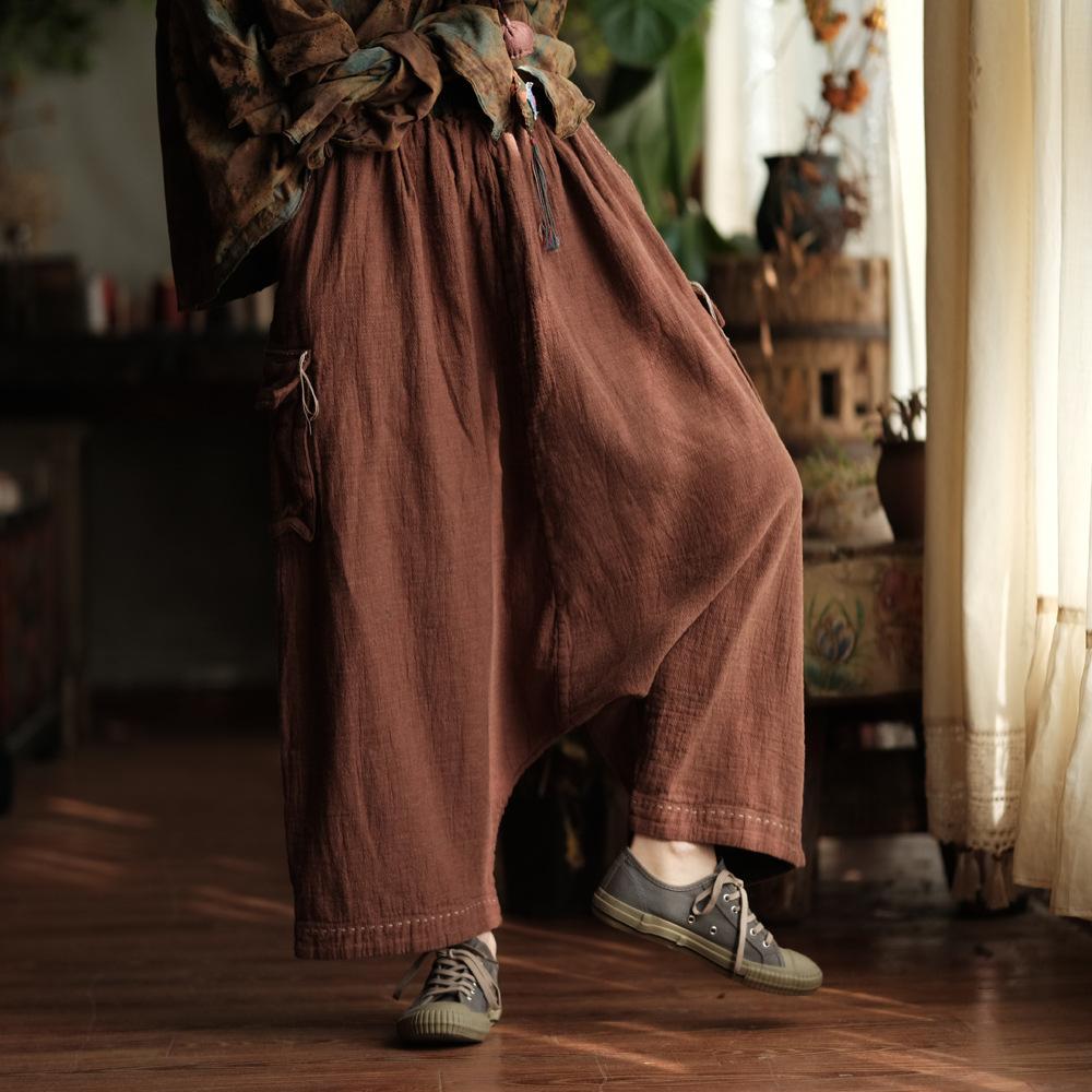Johnature Women Vintage Pants Spring Chinese Style Pockets Solid Color Loose Soft Elastic Waist Trousers