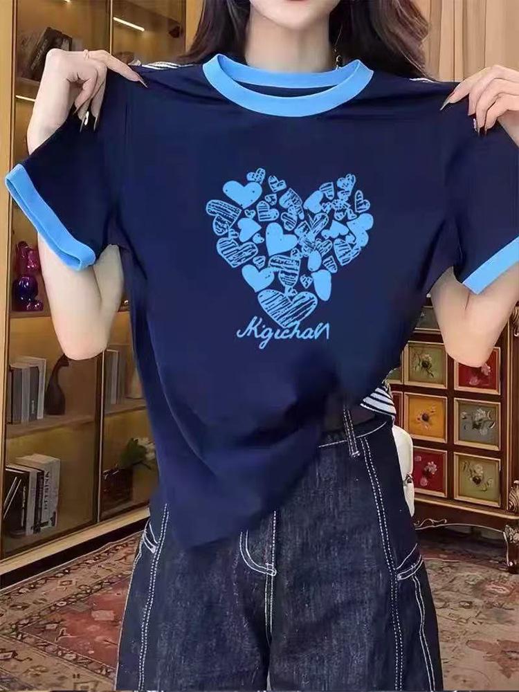 American shoulder color matching sweet love letter design short-sleeved T-shirt women s summer new fashion versatile top S