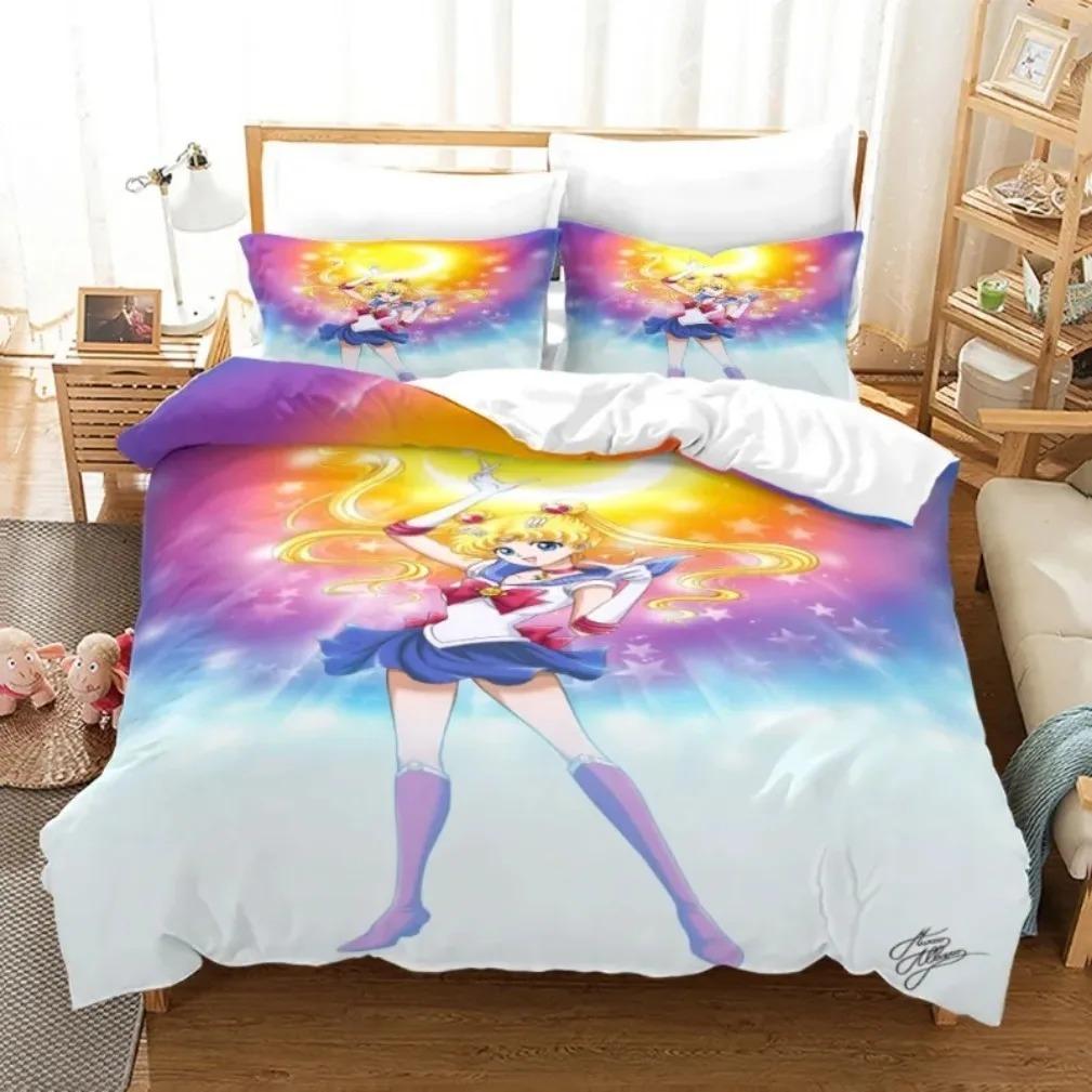 Set de lenjerie de pat Anime S-Sailor & M-Moon, Husă de plapumă, Plapumă, Set de pat, Husă de pilotă, Față de pernă, Mărime King, Queen, Twin, Băieți, Fete, Adulți