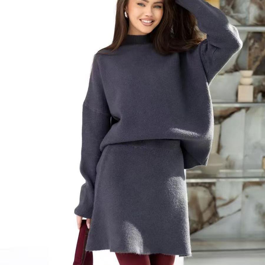 European and American style semi-turtleneck sweater set women's autumn and winter new loose knitted A-word hip-wrapped skirt two-piece set