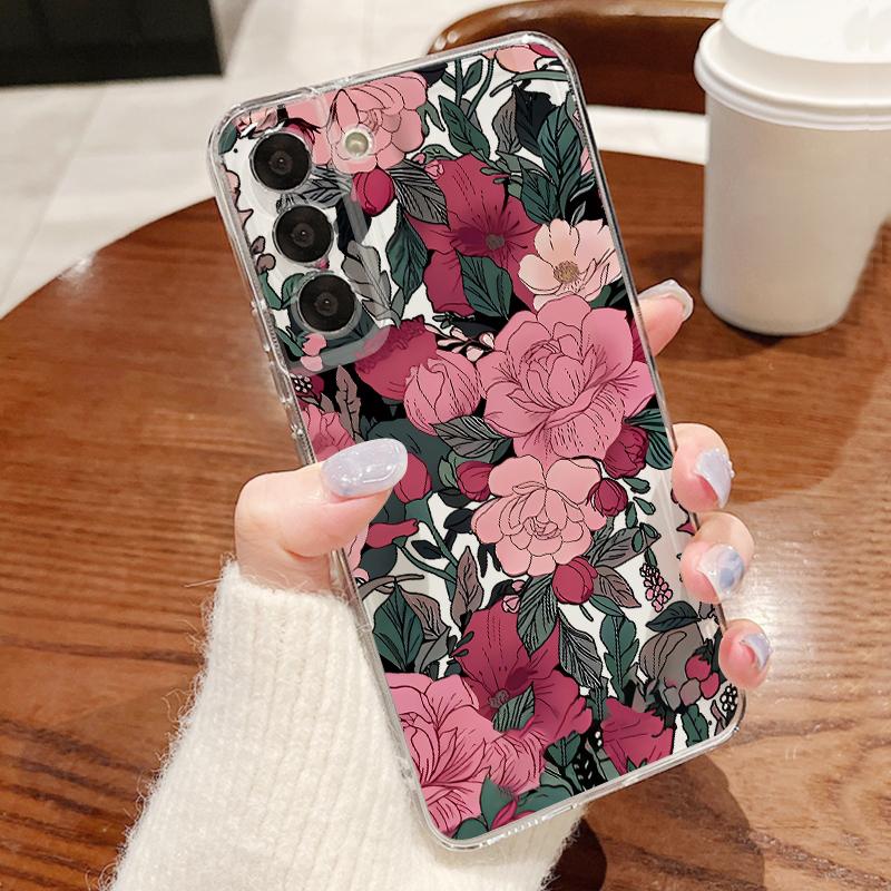Retro Flowers Black Rose Print Case For Samsung S26 S25 Ultra S24 S23 S22 S21 FE A15 A35 A55 A16 A26 A36 A56 A17 A37 A57 5G Plating Lens Soft Cover