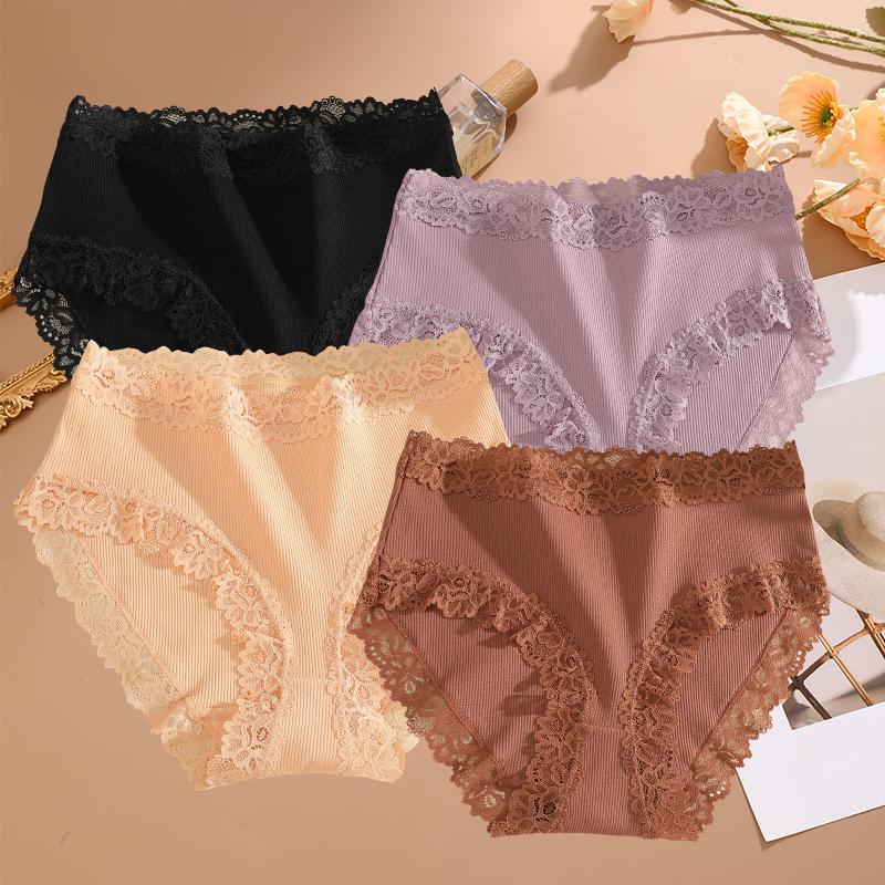 FINETOO 4PCS Sexy Lace Cotton Panties for Women Flroal Lace Seamless Briefs High Rise Lingerie Female Breathable Soft Underwear