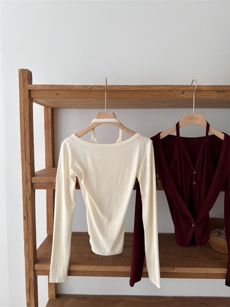 Korean Dongdaemun Slim Halter Cardigan: Hot Girl Style, Long Sleeve, Faux Two-Piece T-shirt for Women