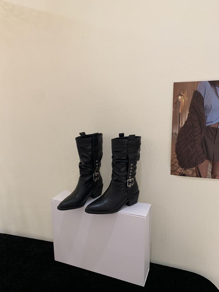 Western Cowboy Boots Women's European and American Spice Girls Vintage Belt Buckle Pointed Mid Boots Small Thick Heel Chelsea Boots Women