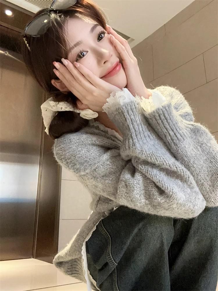 Korean Lace Bow V-Neck Long Sleeve Sweater - Autumn/Winter Design