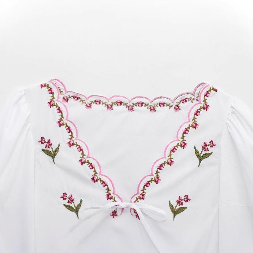 2025 Frühling Damen Bluse mit floraler Stickerei aus Popeline - Europäischer & Amerikanischer Stil