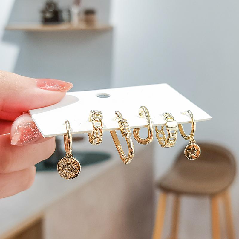 ANENJERY 6 teile/satz Herz Augen Stern Kette Geformt Hoop Ohrring set Weibliche Einfache Kreative Geometrische Ohrringe