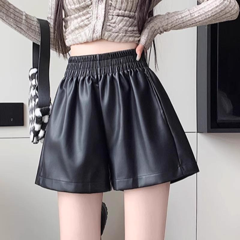 Dámské hnědé kožené šortky s vysokým pasem - Podzim/Zima 2023 Áčkový střih Slim Široké nohavice PU Móda.
