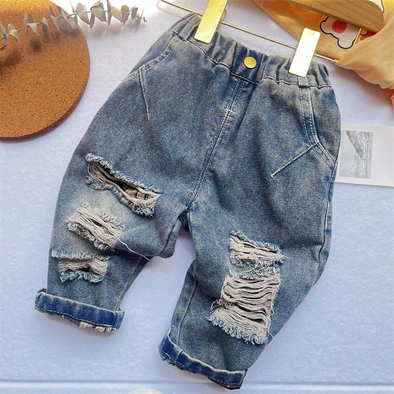 Boys' American High Street Ripped Jeans Children's Trendy Casual Straight Leg Pants Loose Pants