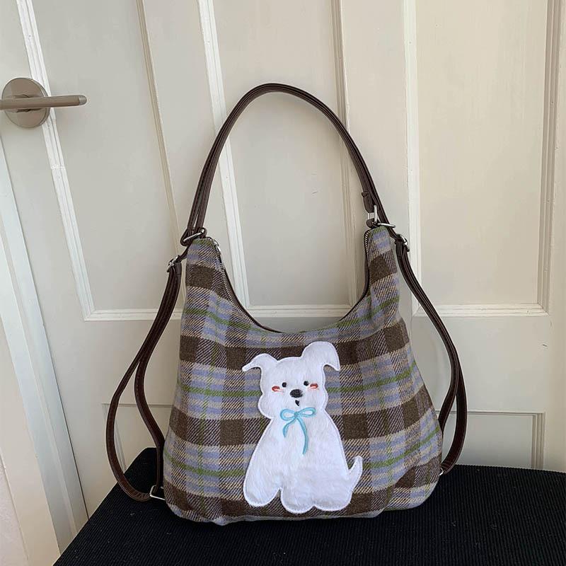 Plaid Woolen Tote Bag Women's Large-capacity Shoulder Messenger Bag Autumn and Winter Multi-functional Backpack