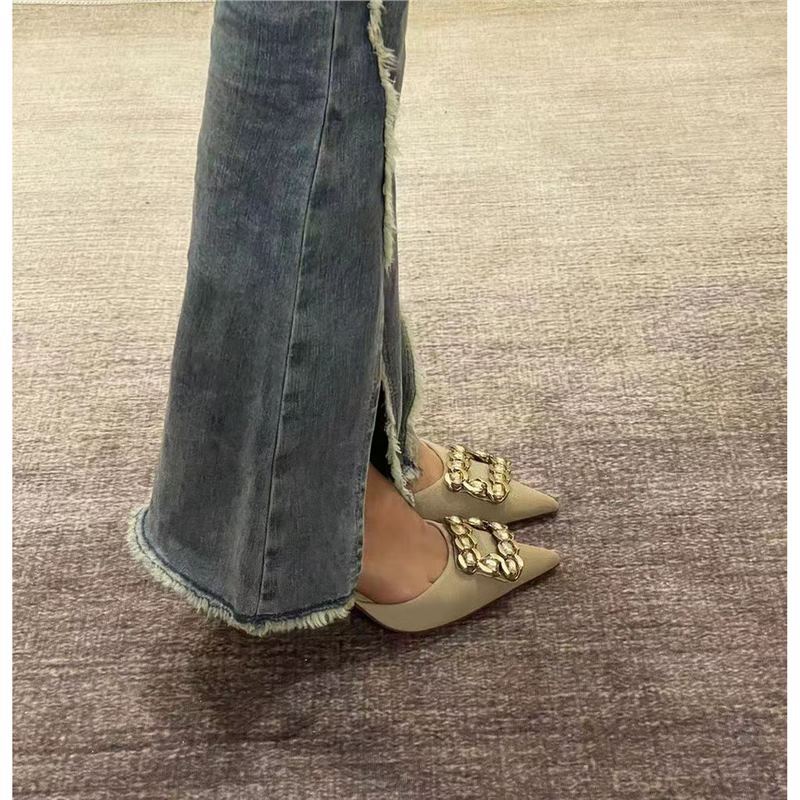 2022 new square buckle design pointed tip thin heel French small fragrant celebrity nude cut men's high heel single shoes niche