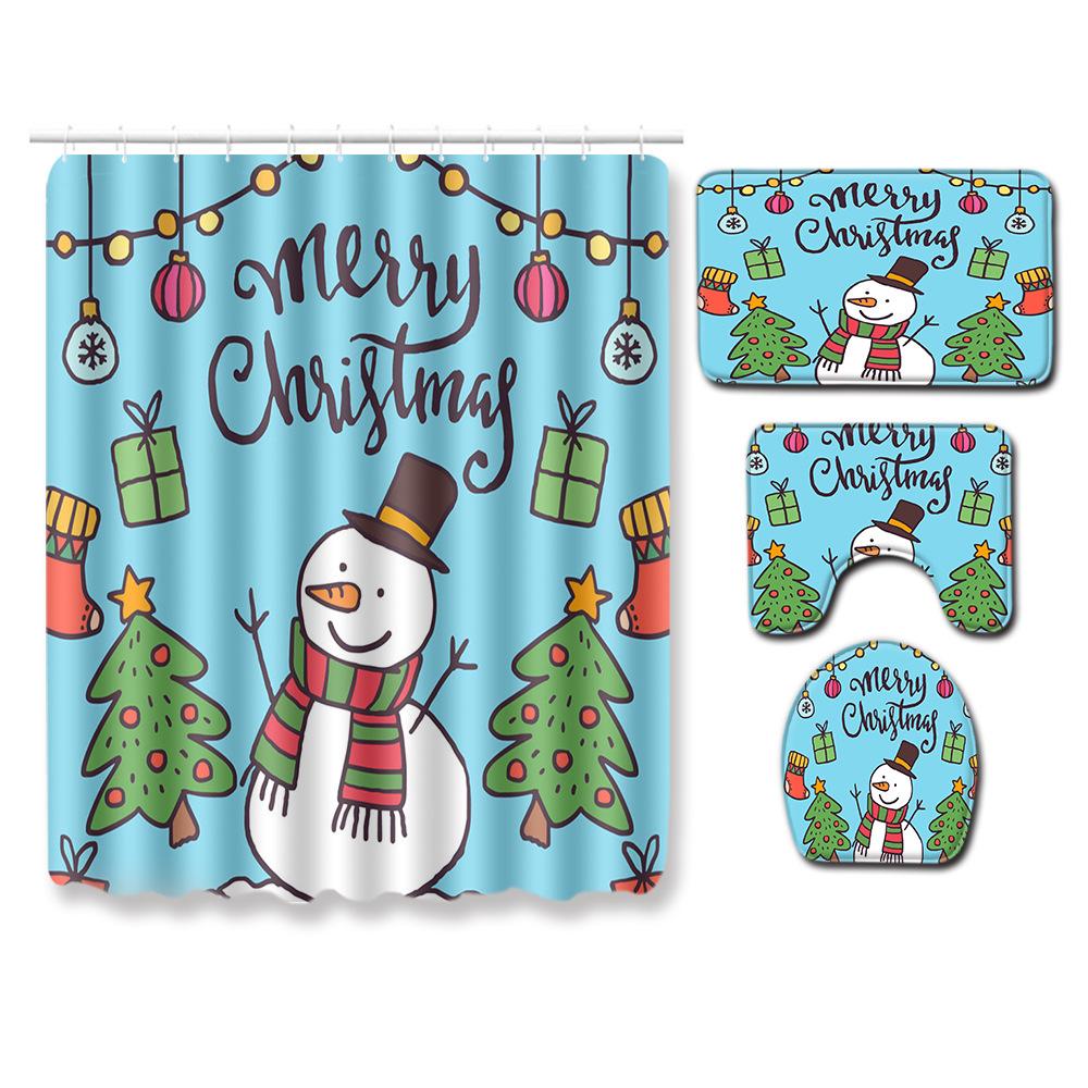 Christmas Toilet Seat Shower Curtain Four-Piece Printed Floor Mat Set Bathroom Floor Mat Bedroom Absorbent Door Mat Carpet