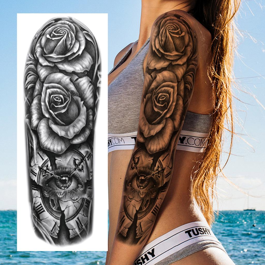 1 Sheet Long Sleeve Temporary Tattoos For Men Women Flower Skull Lion Wolf Tiger Nun Fox Compass Tattoo Sticker Body Art Arm Leg