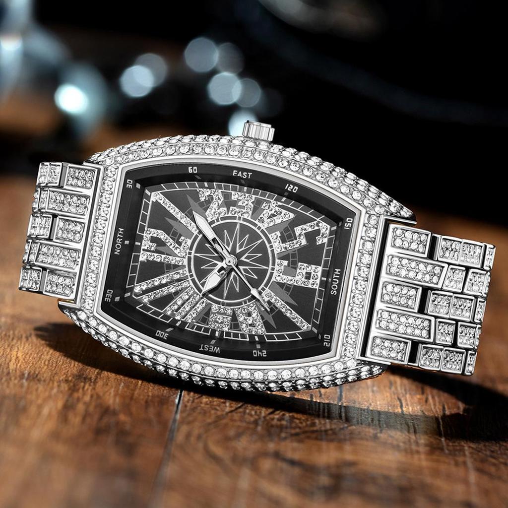 Luxury Mens Watches Fashion Hip Hop Iced Diamond Waterproof Tonneau AAA Quartz Wristwatch Male