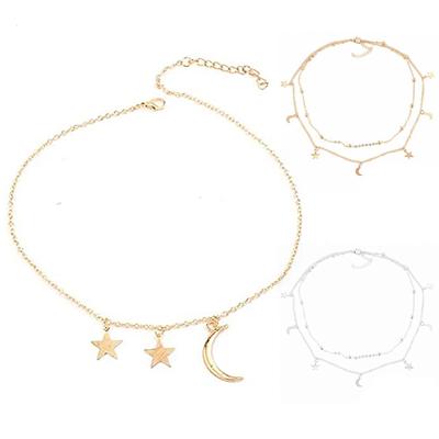 Women's Overlay  Double Layer Moon Star Short Necklace Round Bead Lock Necklace