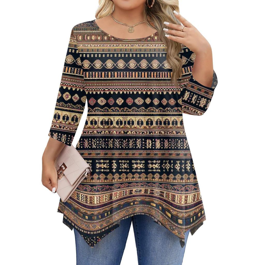 Damen Übergröße 3/4 Ärmel Shirts Rundhals Tunika Tops Basic Locker Sitzen T-Shirt Tops L-5XL