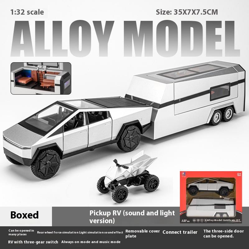 1/32 Scale Tesla Cybertruck Pickup Trailer RV Metal Alloy Toys Car Model Diecast Off-road Vehicle Gift for Boys Kids Collection Truck Ornaments