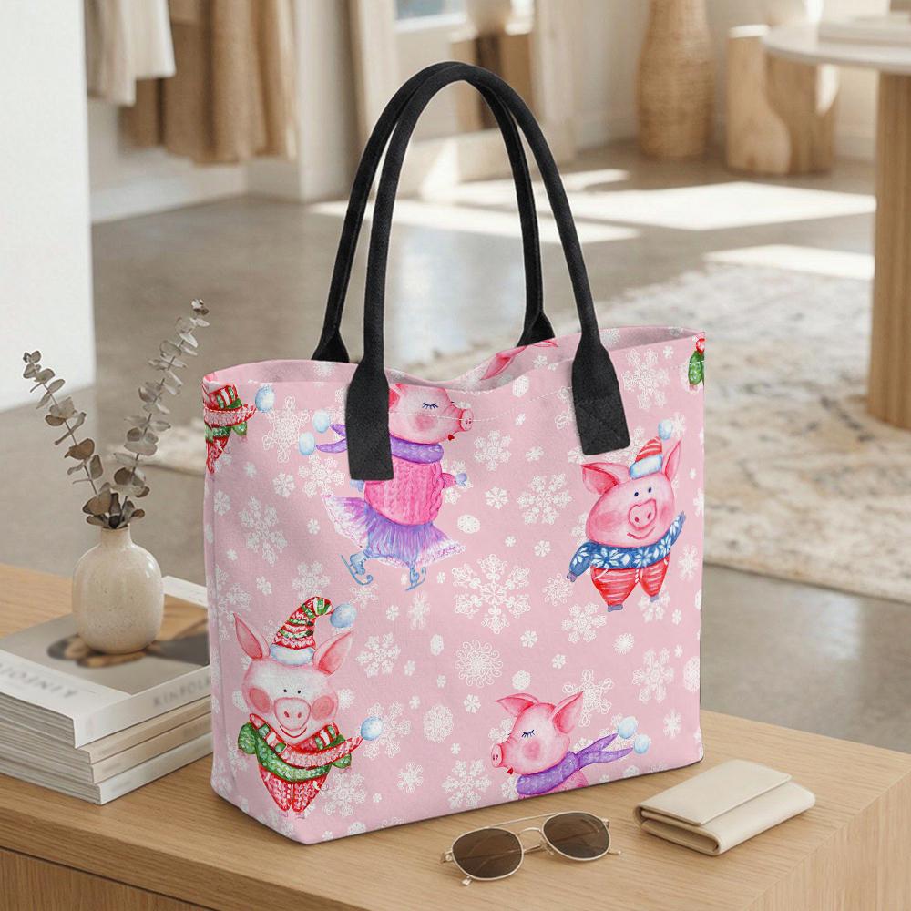 Pink Tote Bag Women Canvas Shopping Handbag with Cartoon Pig Winter Print Black Handles
